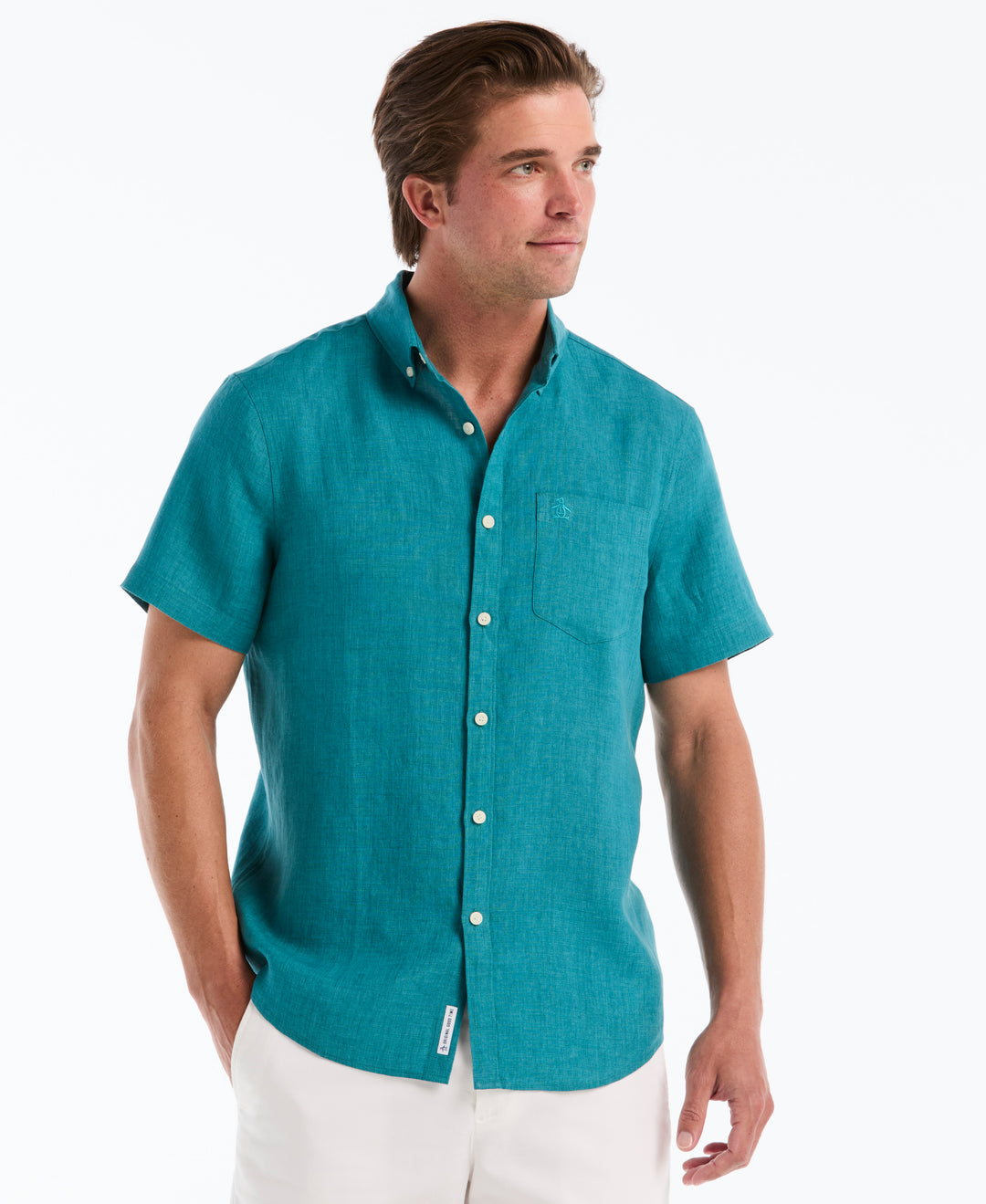 Delave Linen Button-Down Pocket Shirt (Deep Lake) 