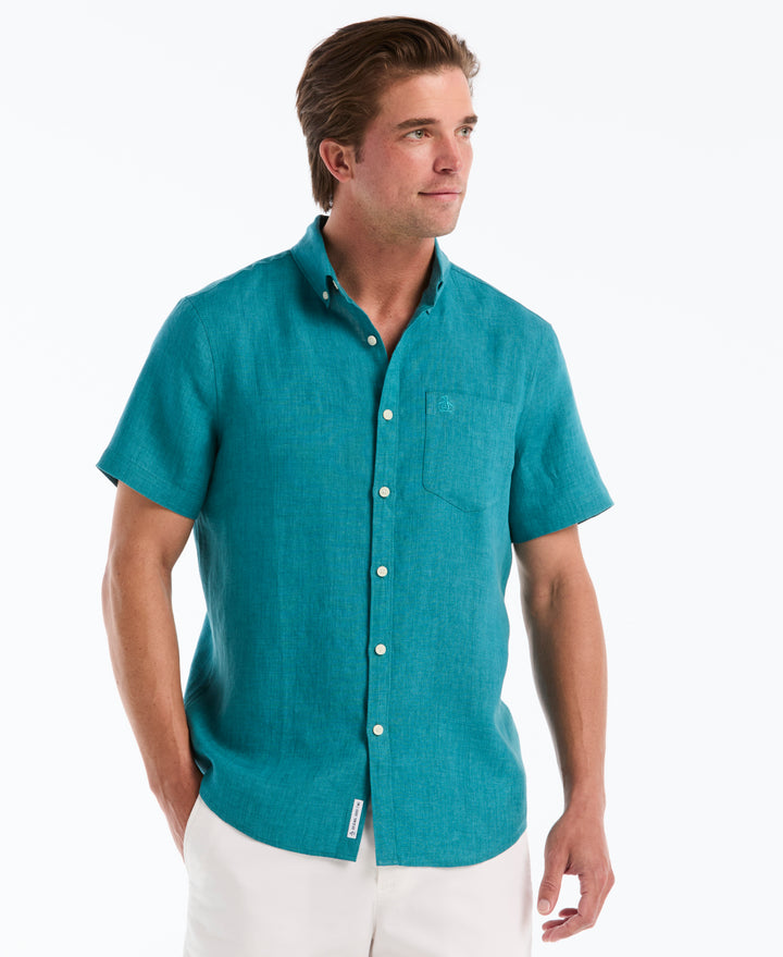 Delave Linen Button-Down Pocket Shirt (Deep Lake) 