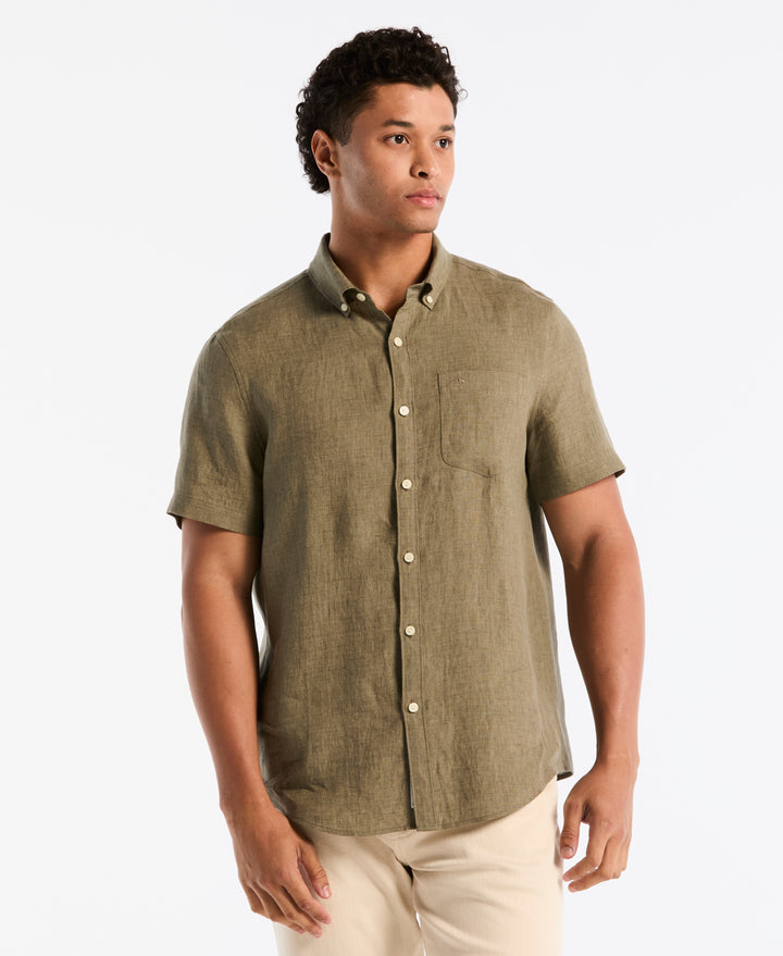 Delave Linen Short Sleeve Button-Down Shirt (Dusty Olive) 