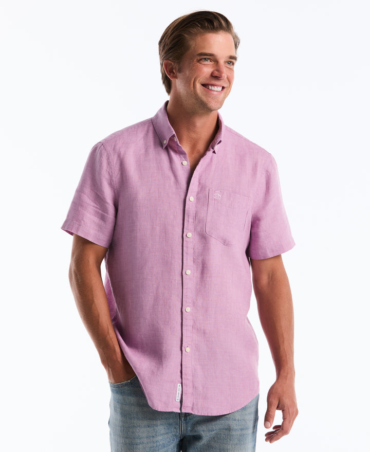 Delave Linen Short Sleeve Button-Down Shirt with Chest Pocket (Lavendula) 