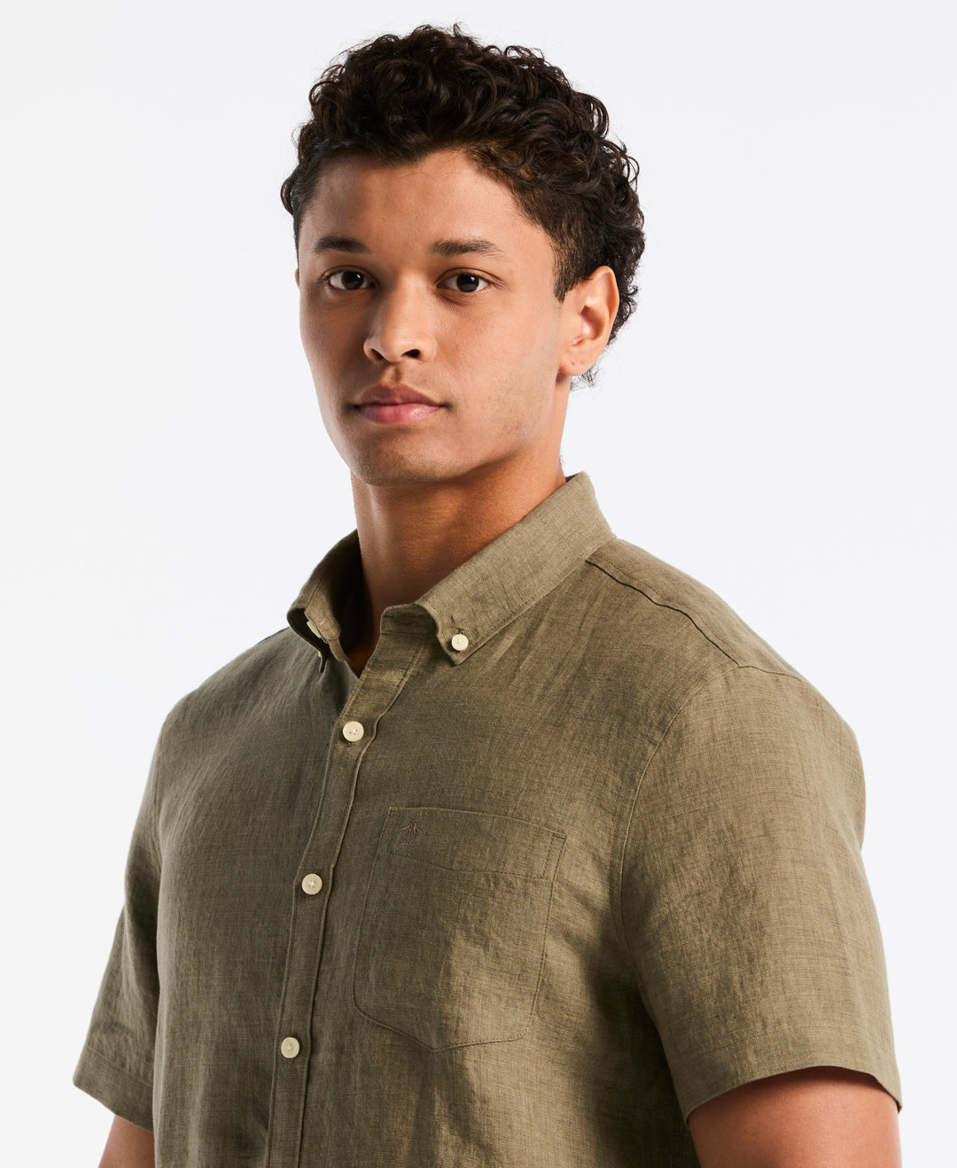 Delave Linen Short Sleeve Button-Down Shirt (Dusty Olive) 