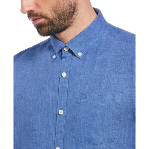 Delave Linen Short Sleeve Button-Down Shirt with Chest Pocket (Star Sapphire) 