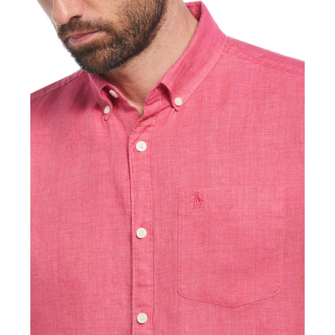 Delave Linen Short Sleeve Button-Down Shirt with Chest Pocket (Raspberry Sorbet) 