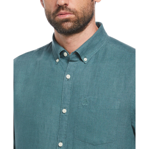 Delave Linen Short Sleeve Button-Down Shirt with Chest Pocket (Sea Pine) 