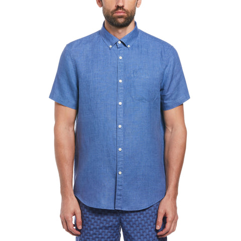 Delave Linen Short Sleeve Button-Down Shirt with Chest Pocket (Star Sapphire) 