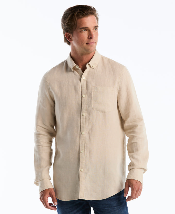 Delave Linen Long Sleeve Pocket Shirt-Shirts-Birch-XS-Original Penguin