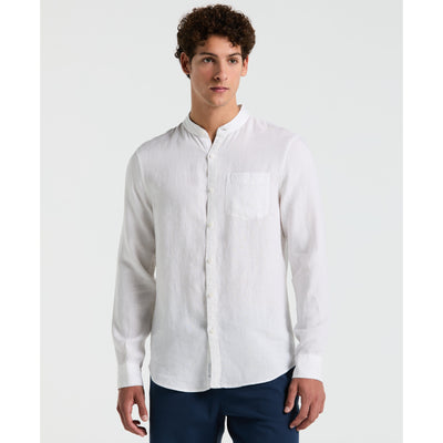 Delave Linen Mandarin Collar Button-Down Shirt (Bright White) 