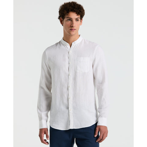 Delave Linen Mandarin Collar Button-Down Shirt (Bright White) 