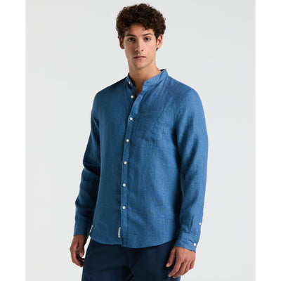 Delave Linen Mandarin Collar Button-Down Shirt (Copen Blue) 