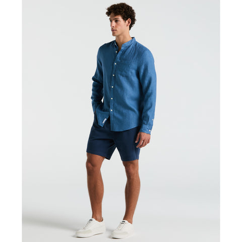 Delave Linen Mandarin Collar Button-Down Shirt (Copen Blue) 
