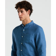 Delave Linen Mandarin Collar Button-Down Shirt (Copen Blue) 