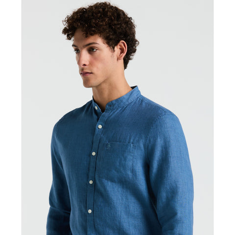 Delave Linen Mandarin Collar Button-Down Shirt (Copen Blue) 
