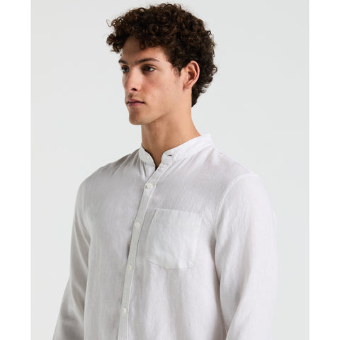 Delave Linen Mandarin Collar Button-Down Shirt (Bright White) 