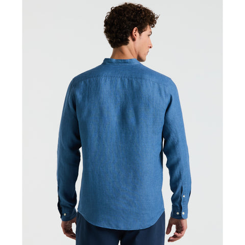 Delave Linen Mandarin Collar Button-Down Shirt (Copen Blue) 