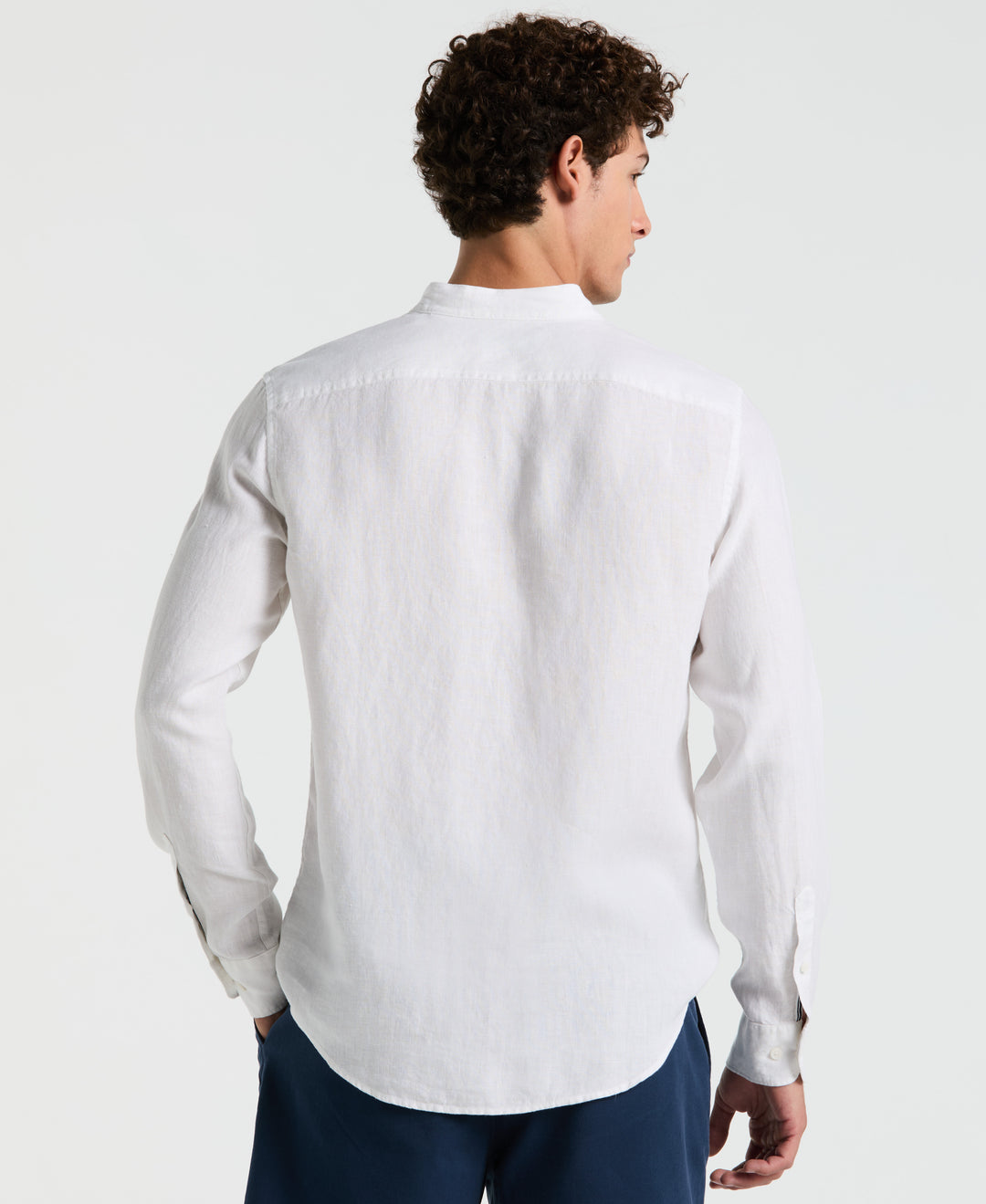 Delave Linen Mandarin Collar Button-Down Shirt (Bright White) 