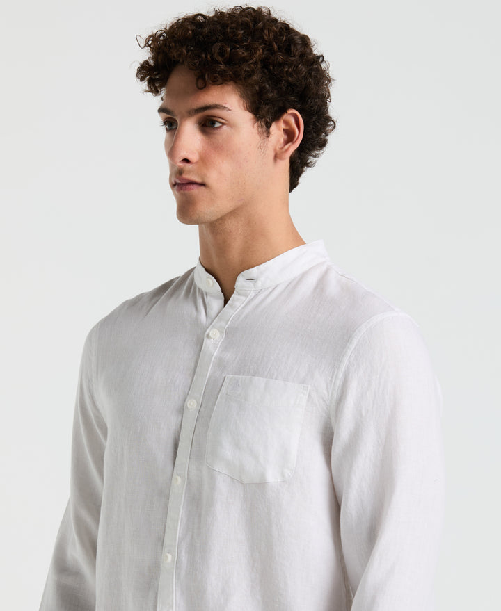 Delave Linen Mandarin Collar Button-Down Shirt (Bright White) 