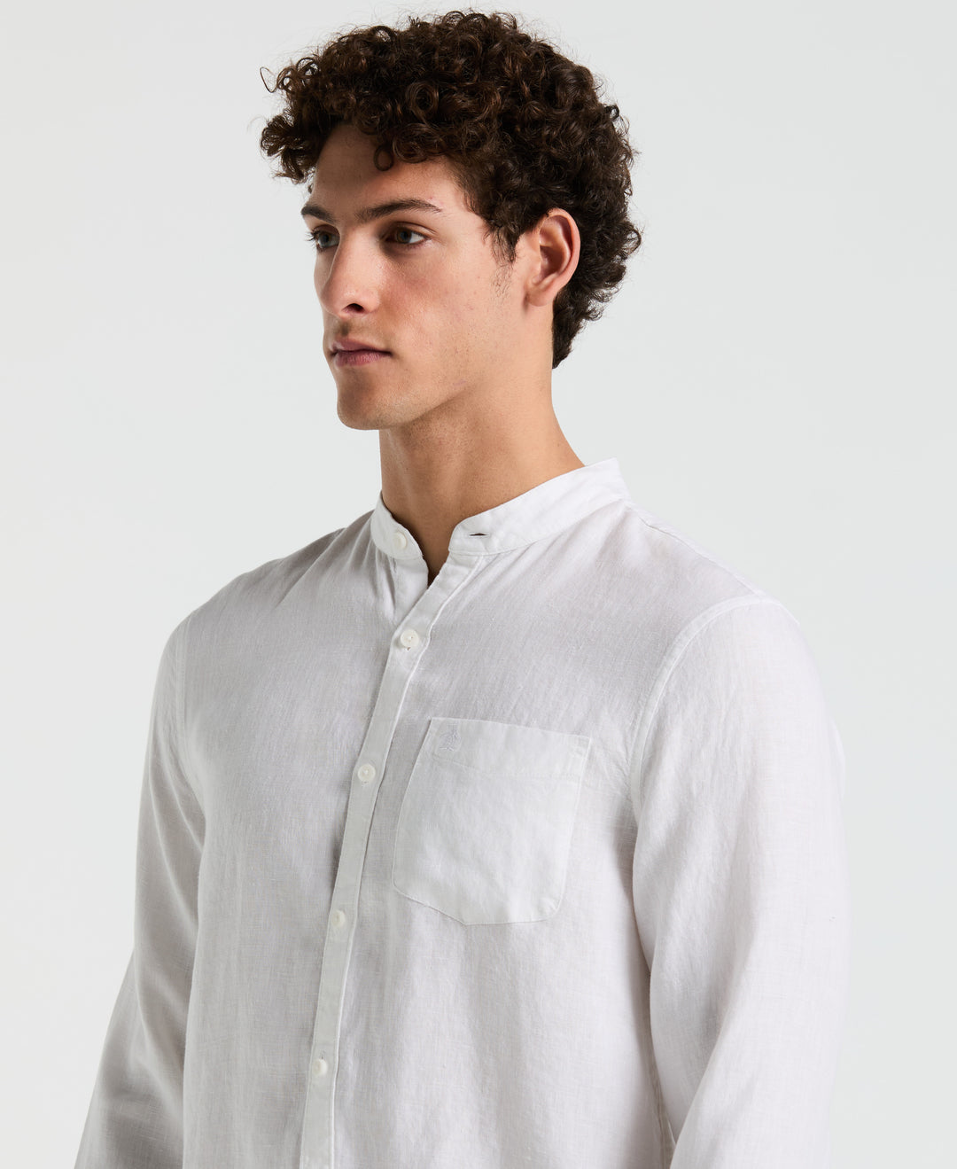 Delave Linen Mandarin Collar Button-Down Shirt (Bright White) 