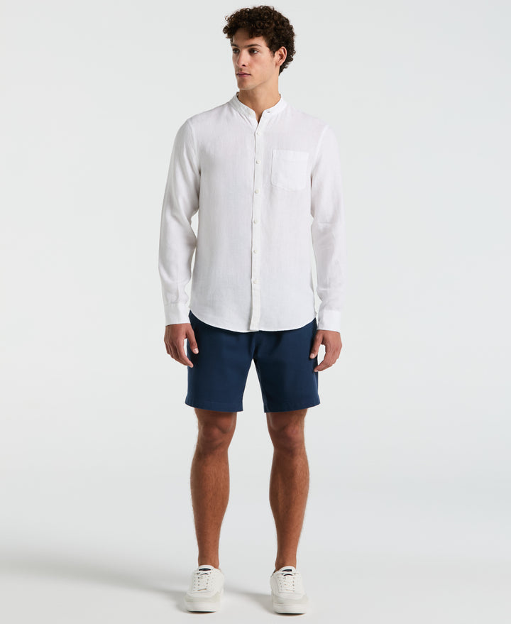 Delave Linen Mandarin Collar Button-Down Shirt (Bright White) 