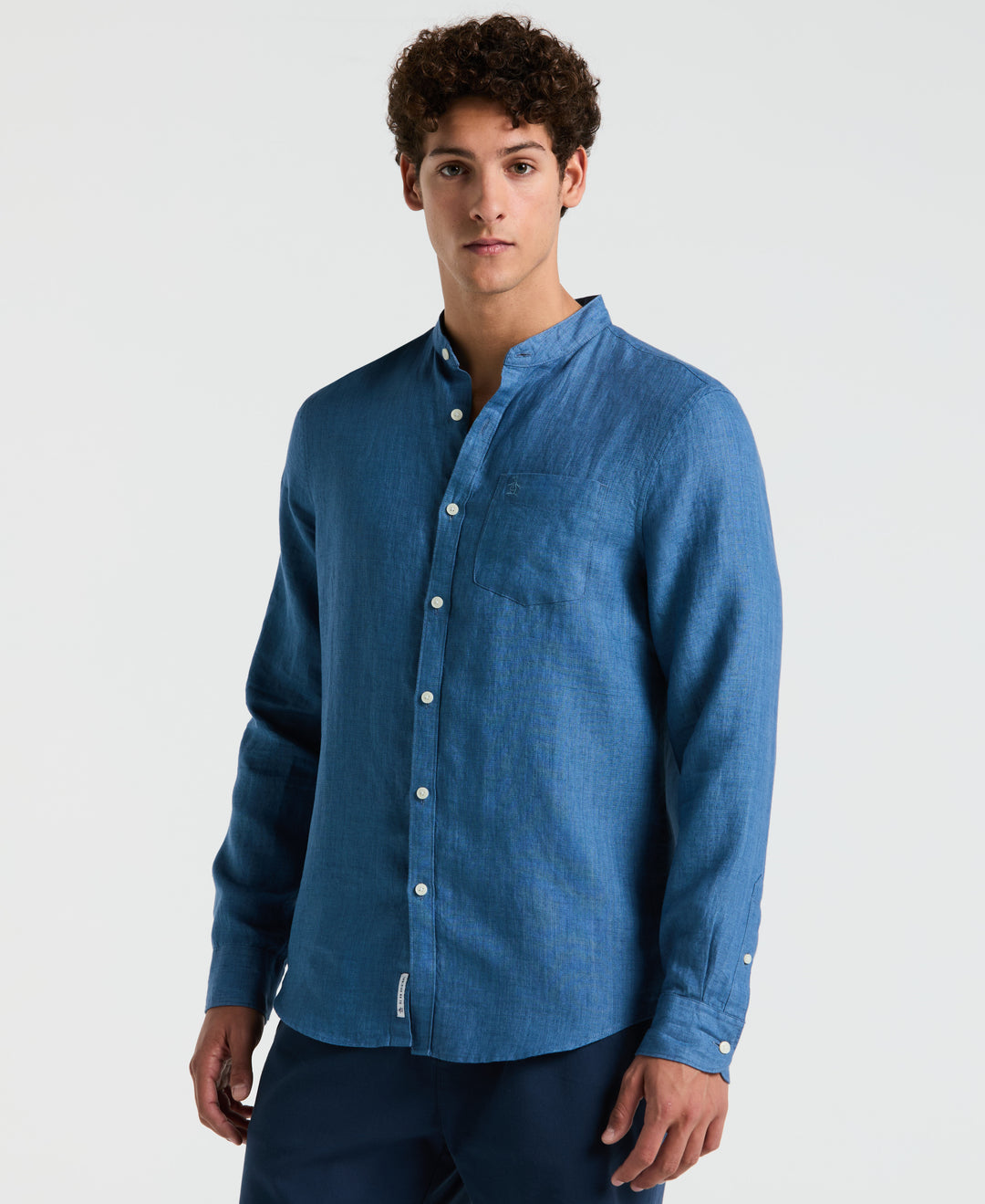 Delave Linen Mandarin Collar Button-Down Shirt (Copen Blue) 