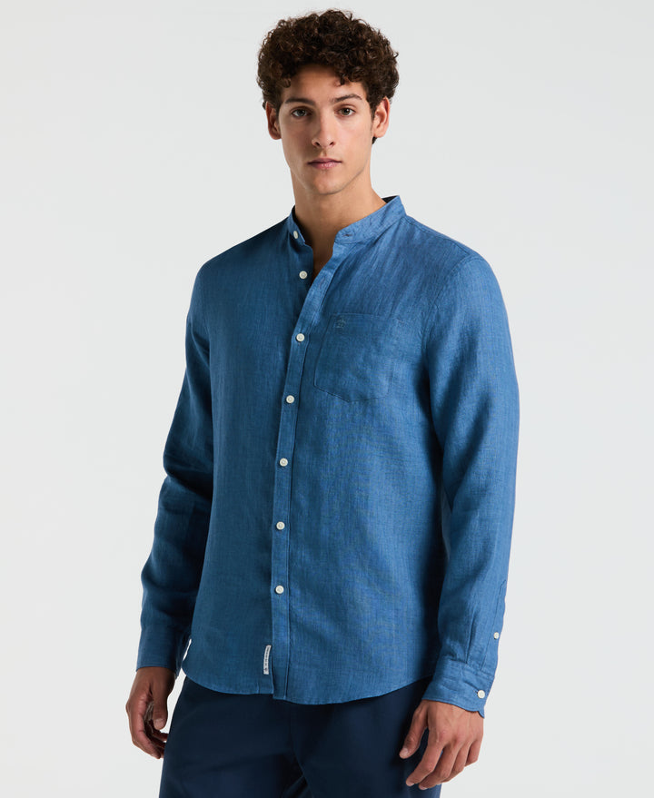 Delave Linen Mandarin Collar Button-Down Shirt (Copen Blue) 