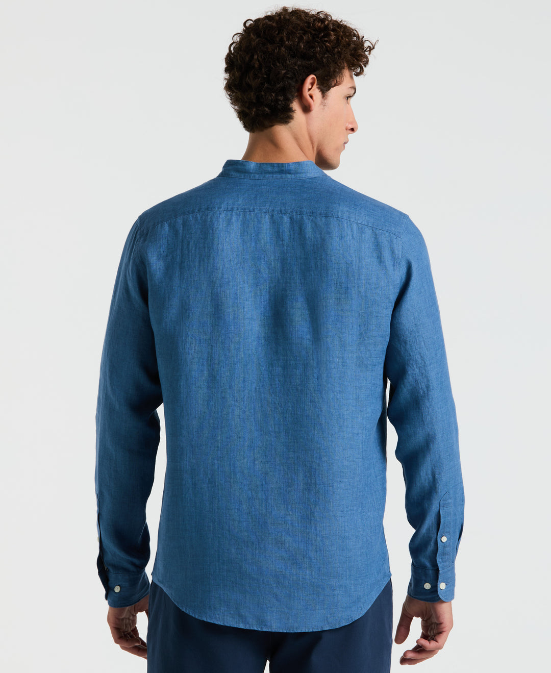 Delave Linen Mandarin Collar Button-Down Shirt (Copen Blue) 