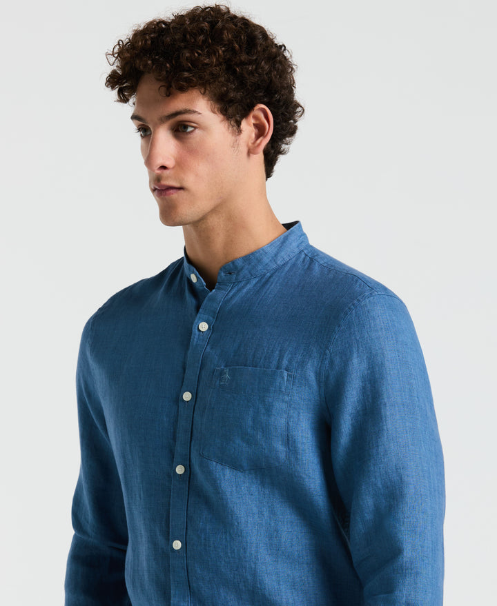 Delave Linen Mandarin Collar Button-Down Shirt (Copen Blue) 