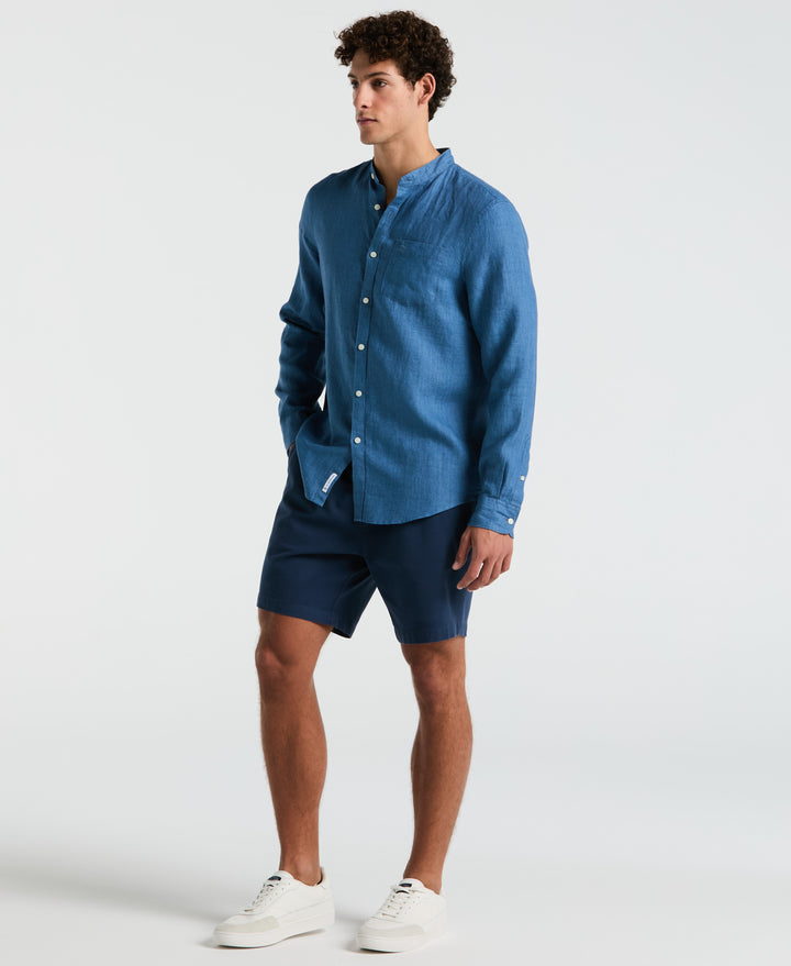 Delave Linen Mandarin Collar Button-Down Shirt (Copen Blue) 