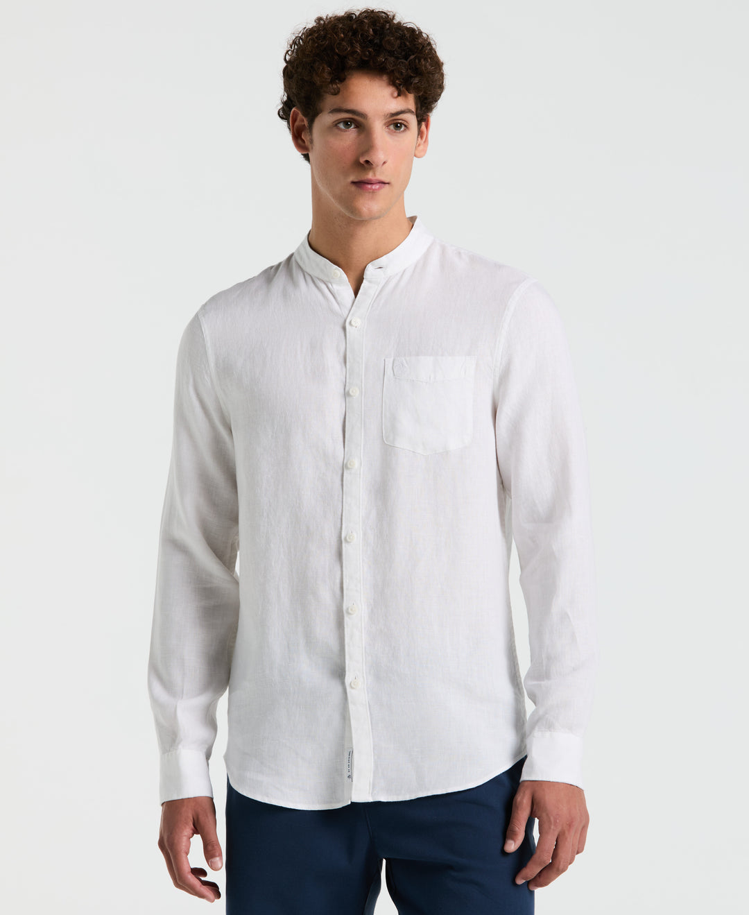 Delave Linen Mandarin Collar Button-Down Shirt (Bright White) 