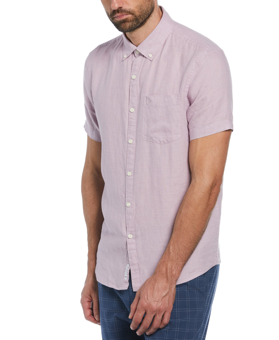 Delave Linen Short Sleeve Button-Down Shirt with Chest Pocket (Lavender Frost) 
