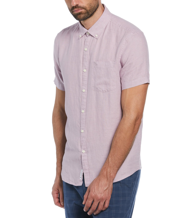 Delave Linen Short Sleeve Button-Down Shirt with Chest Pocket (Lavender Frost) 