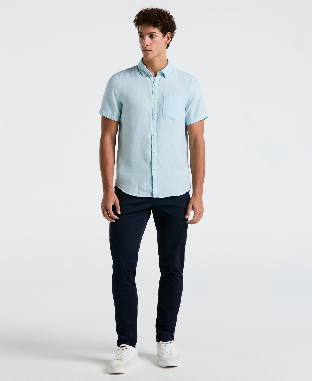 Delave Linen Short Sleeve Button-Down Shirt with Chest Pocket (Crystal Blue) 