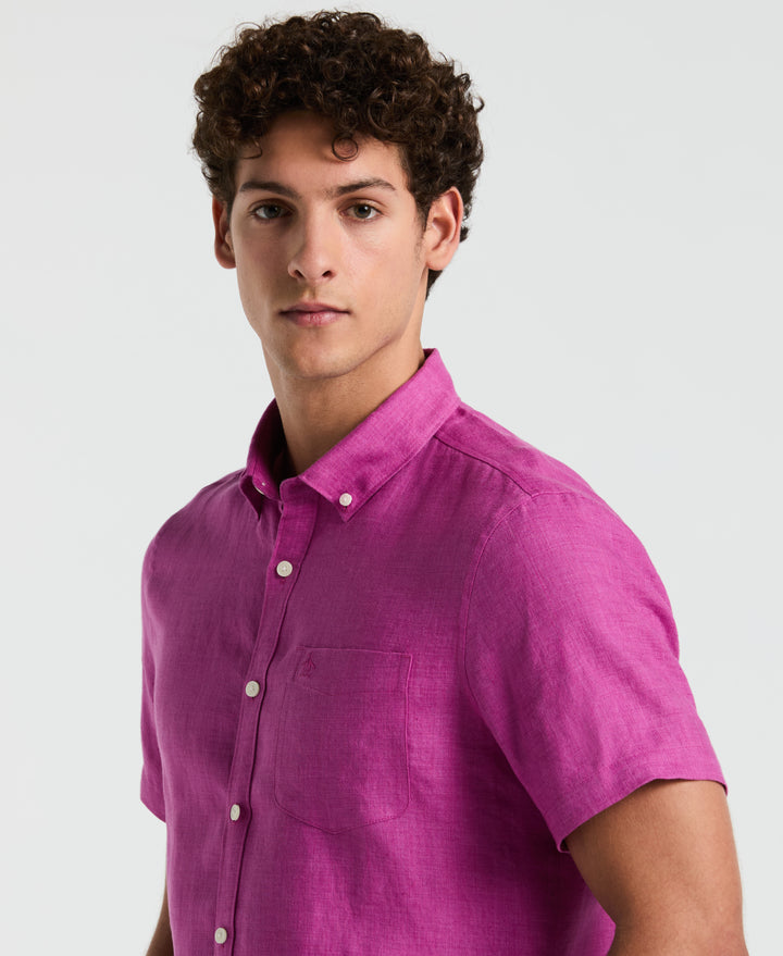 Delave Linen Short Sleeve Button-Down Shirt with Chest Pocket (Vivid Viola) 