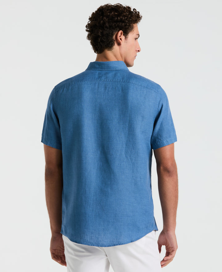 Delave Linen Short Sleeve Button-Down Shirt with Chest Pocket (Copen Blue) 