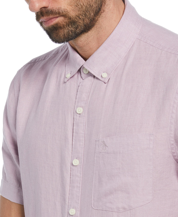 Delave Linen Short Sleeve Button-Down Shirt with Chest Pocket (Lavender Frost) 