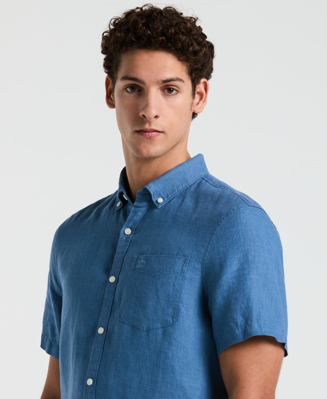 Delave Linen Short Sleeve Button-Down Shirt with Chest Pocket (Copen Blue) 