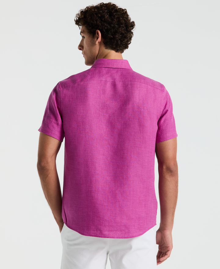 Delave Linen Short Sleeve Button-Down Shirt with Chest Pocket (Vivid Viola) 