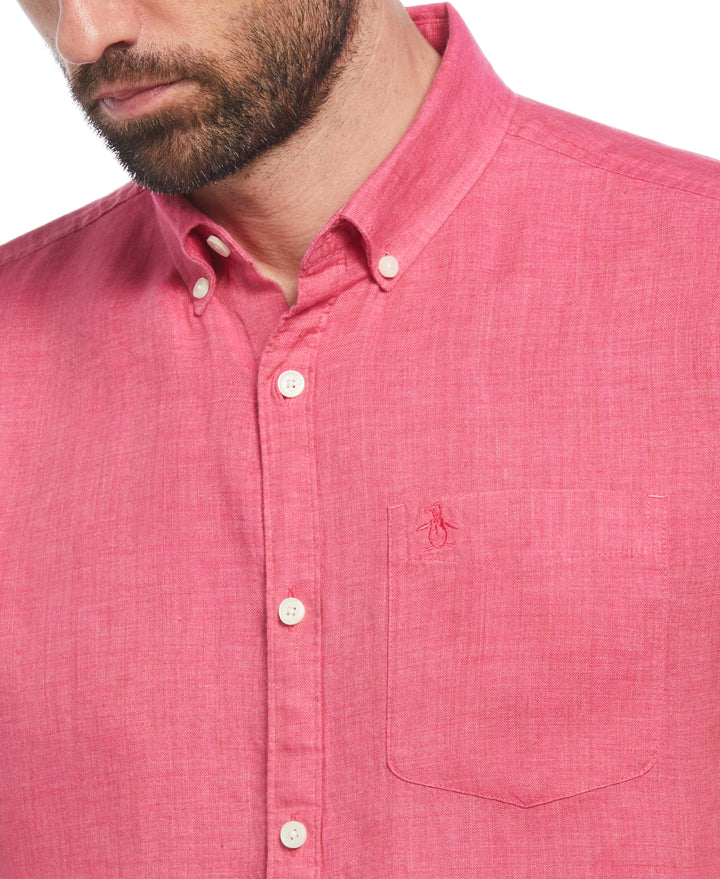 Delave Linen Short Sleeve Button-Down Shirt with Chest Pocket (Raspberry Sorbet) 