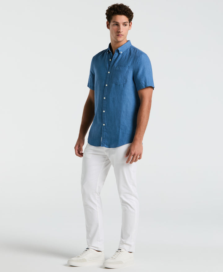 Delave Linen Short Sleeve Button-Down Shirt with Chest Pocket (Copen Blue) 
