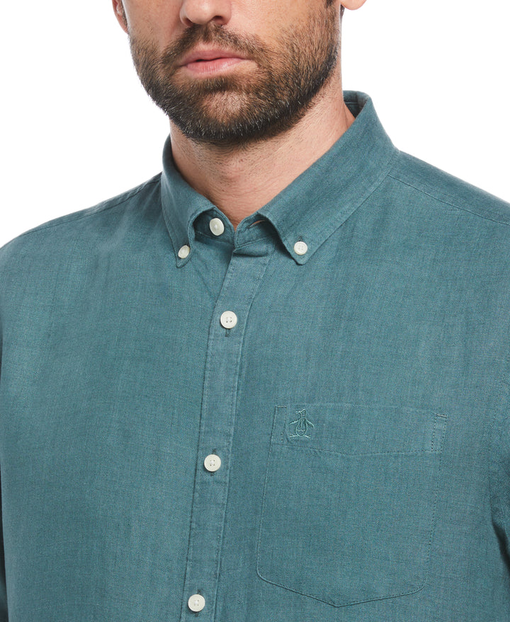 Delave Linen Short Sleeve Button-Down Shirt with Chest Pocket (Sea Pine) 