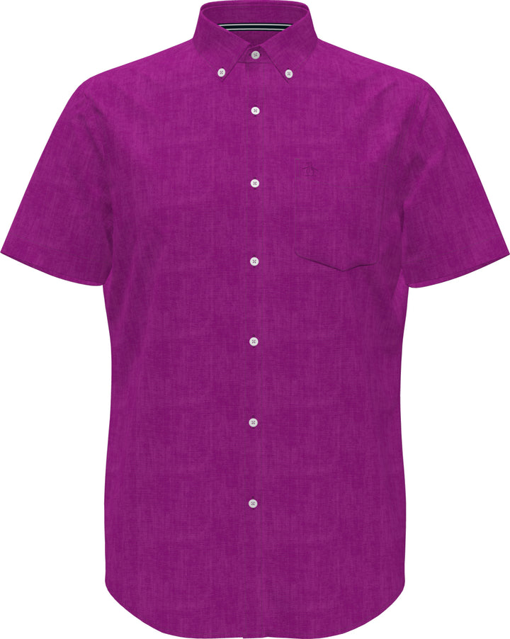 Delave Linen Short Sleeve Button-Down Shirt with Chest Pocket (Vivid Viola) 