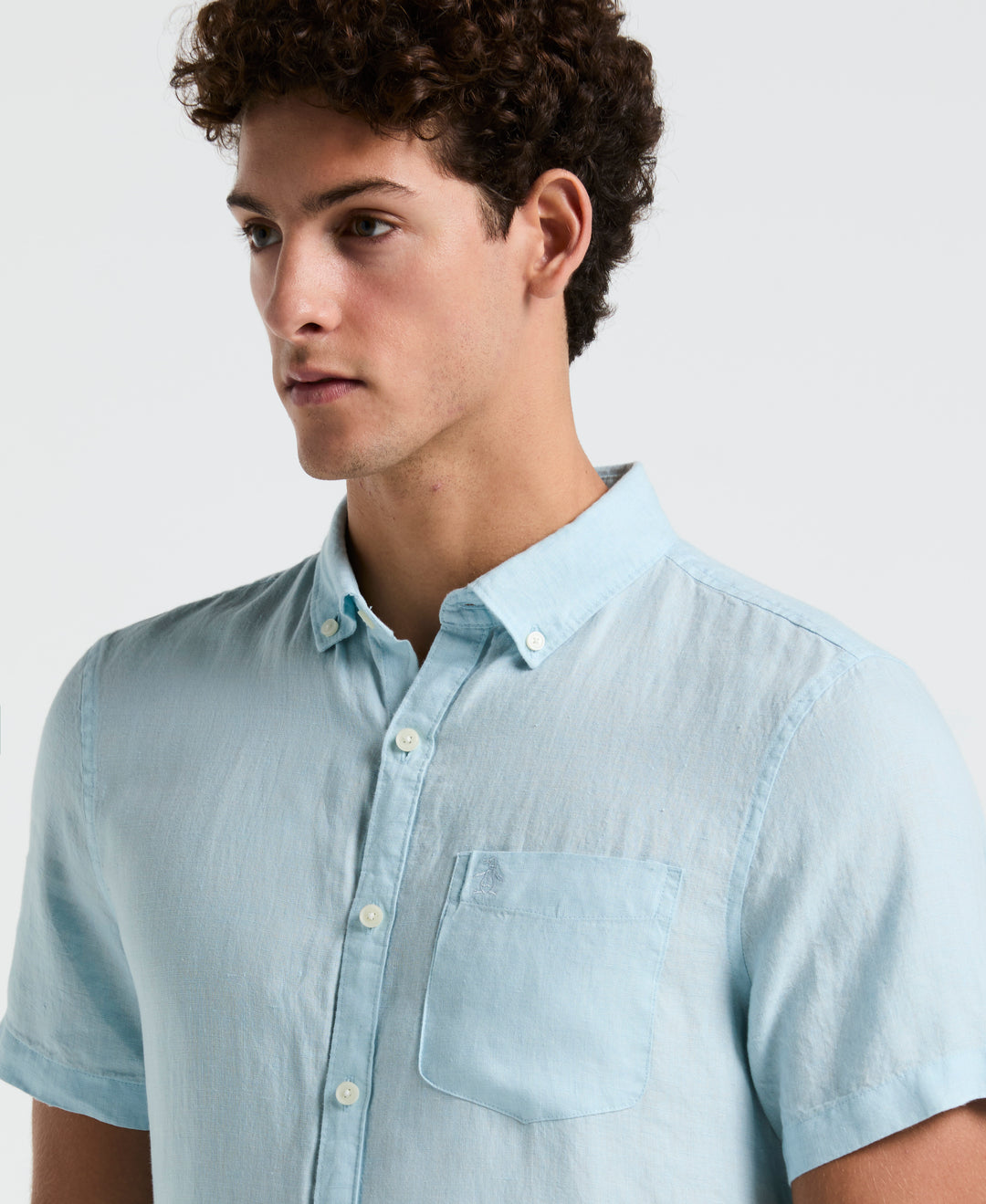 Delave Linen Short Sleeve Button-Down Shirt with Chest Pocket (Crystal Blue) 