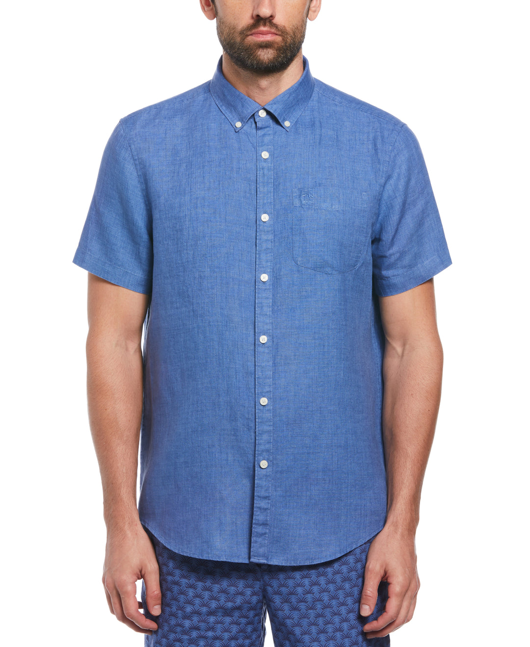 Delave Linen Short Sleeve Button-Down Shirt with Chest Pocket (Star Sapphire) 