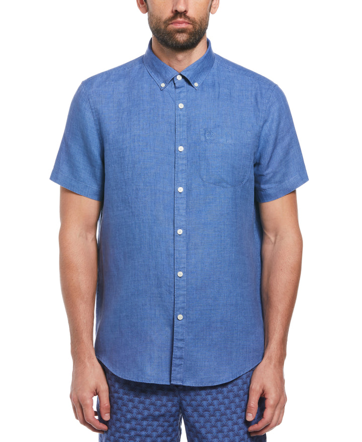 Delave Linen Short Sleeve Button-Down Shirt with Chest Pocket (Star Sapphire) 