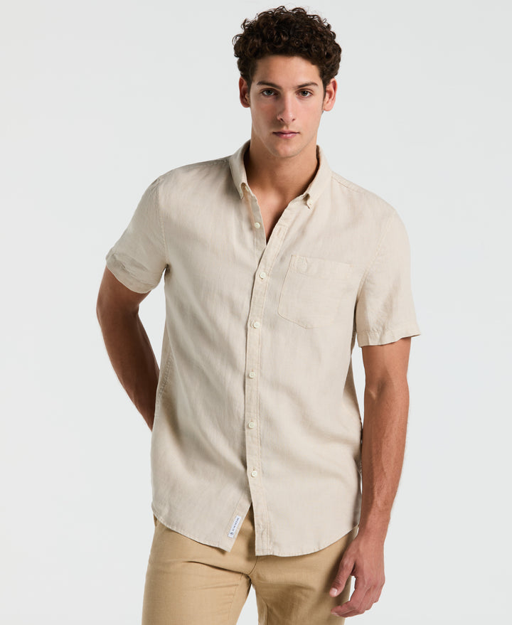 Delave Linen Short Sleeve Button-Down Shirt with Chest Pocket (Birch) 