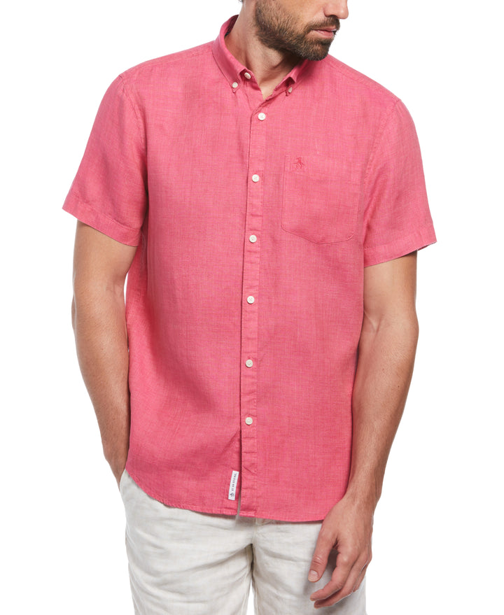 Delave Linen Short Sleeve Button-Down Shirt with Chest Pocket (Raspberry Sorbet) 