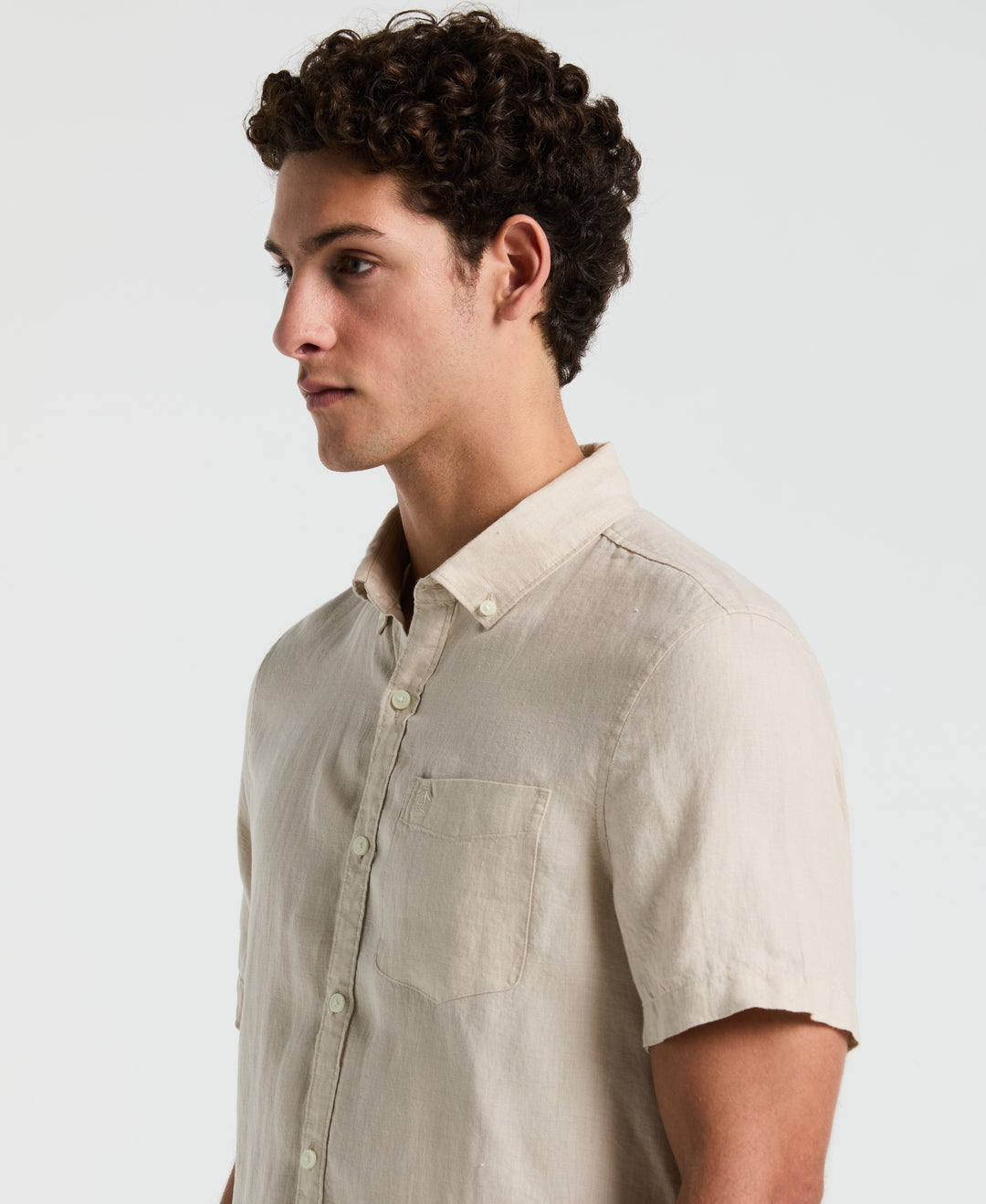 Delave Linen Short Sleeve Button-Down Shirt with Chest Pocket (Birch) 