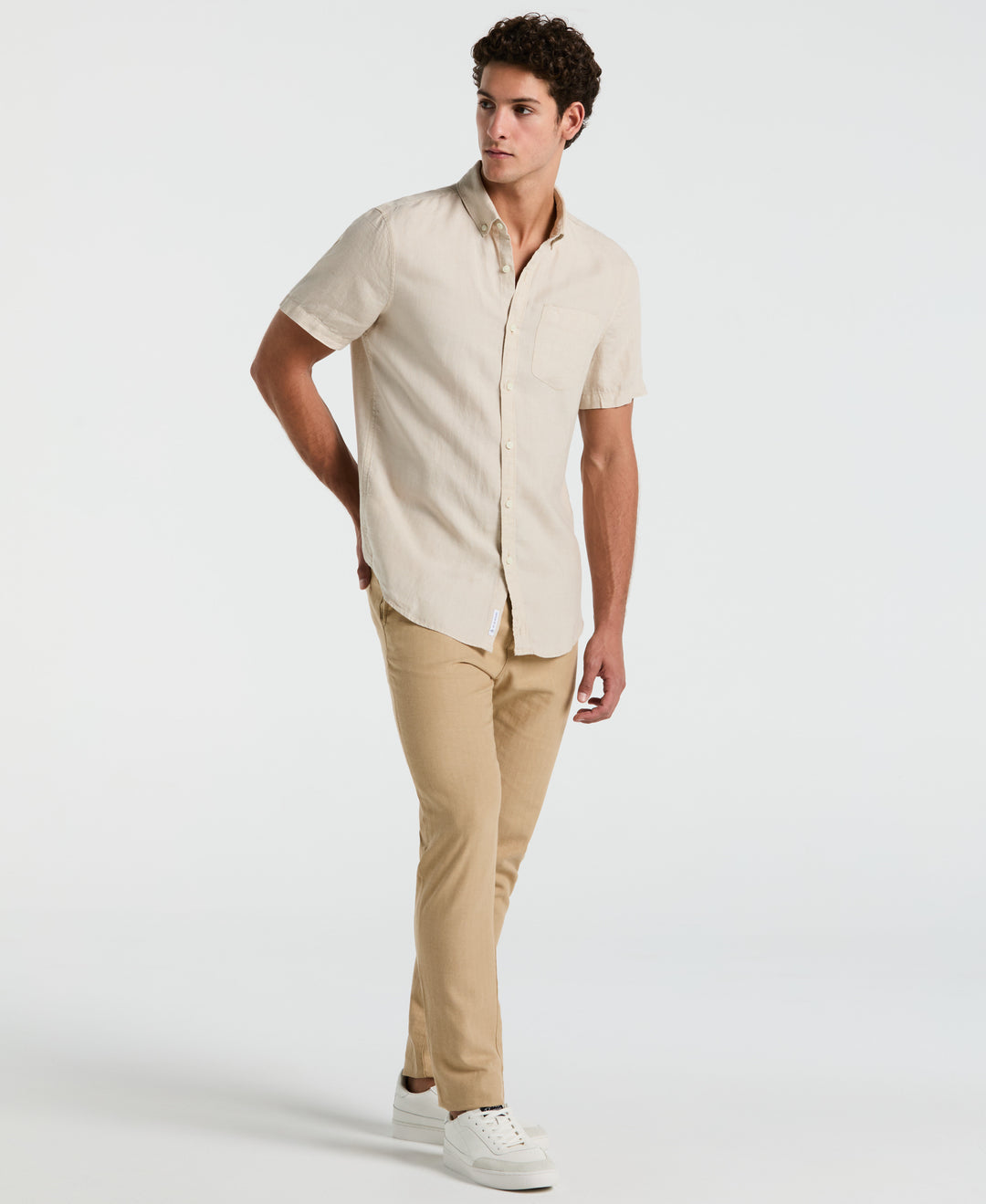 Delave Linen Short Sleeve Button-Down Shirt with Chest Pocket (Birch) 