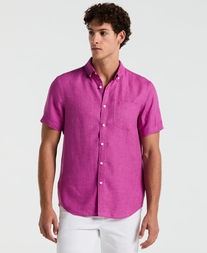 Delave Linen Short Sleeve Button-Down Shirt with Chest Pocket (Vivid Viola) 