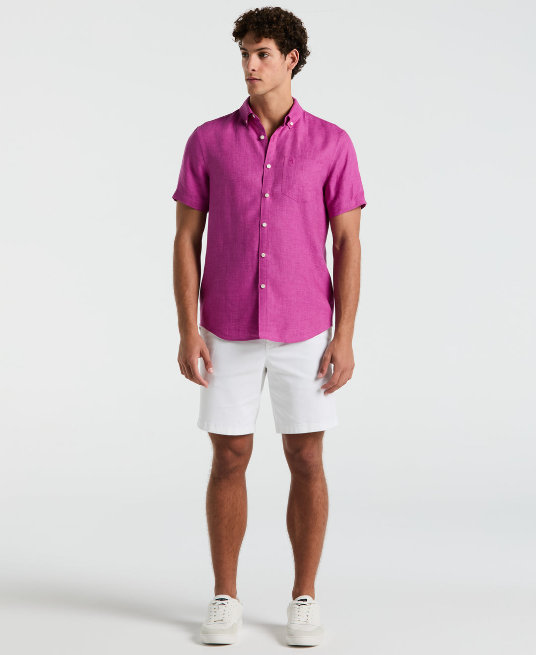 Delave Linen Short Sleeve Button-Down Shirt with Chest Pocket (Vivid Viola) 