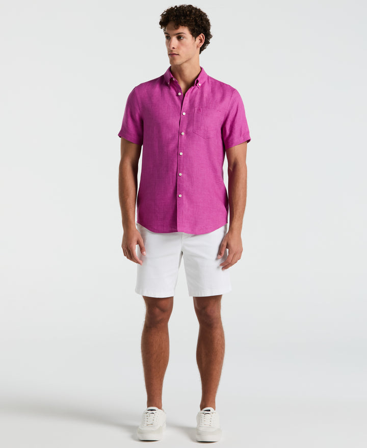Delave Linen Short Sleeve Button-Down Shirt with Chest Pocket (Vivid Viola) 